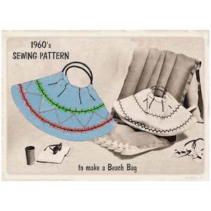 May include: Vintage sewing pattern illustration for a beach bag. The image features two bags, one light blue with red and green accents, and the other white. Text reads "1960's Sewing Pattern to make a Beach Bag."