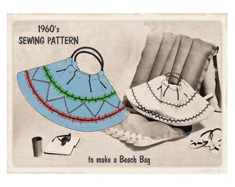 Full Size PDF Sewing Pattern to make a Fan Shape Handbag Large Beach Bag Retro Sixties A4 Printable Instant Download