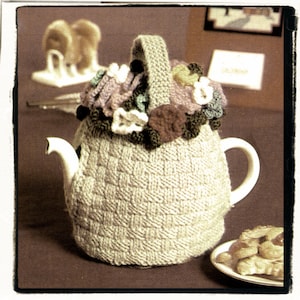 Instant Download PDF KNITTING PATTERN to make a Basket of Flowers Teapot Cosy Country Cottage Grandmas Kitchen Tea Cozy 8 Ply Yarn