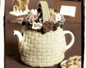 Instant Download PDF KNITTING PATTERN to make a Basket of Flowers Teapot Cosy Country Cottage Grandmas Kitchen Tea Cozy 8 Ply Yarn