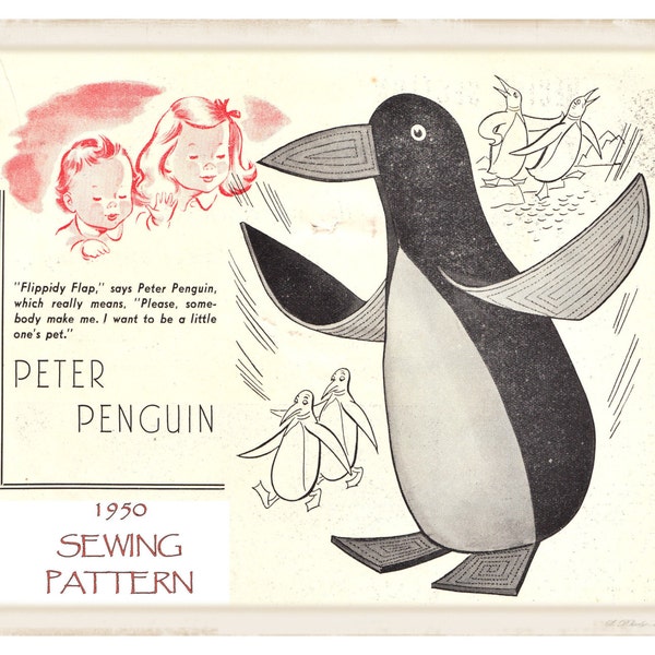 Full Size PDF SEWING Pattern Instant Download Fifties A4 Printable to make a Penguin Bean Bag Soft Toy 9 inch Tall Christmas Decoration