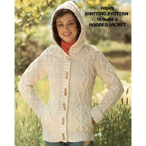 Instant Download PDF Knitting Pattern to make a Womens Aran Style Toggle Hooded Duffle Jacket 10 Ply Aran Yarn 4 Sizes 32 to 42 inch bust