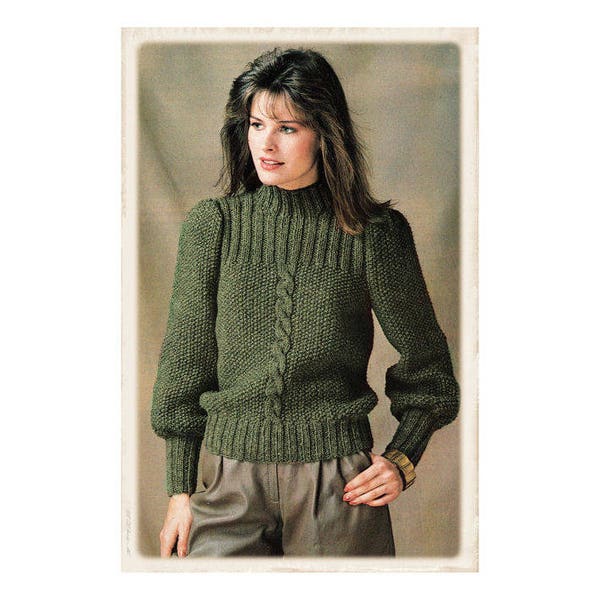 Instant Download PDF Knitting Pattern to make Womens Moss Stitch High Neck Cable Sweater Puff Sleeves 8 Ply Yarn 3 Sizes 32 to 42 inch Bust