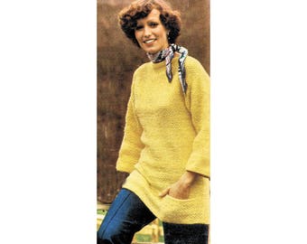 Instant Download PDF Easy Knitting Pattern to make a Womens Tunic Thigh Length Sweater With Pockets 6 sizes 32 to 42 inch bust DK 8 Ply Yarn