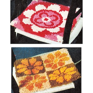 May include: Two close-up images of colourful, handmade, tufted rug seat cushions. The first cushion is red with a white and pink floral design. The second cushion is brown, orange, and beige with a four-square floral design.