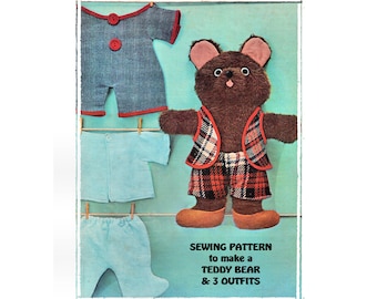 PDF Full Size Toy Sewing Pattern Easy A4 Printable to make a 10 inch Tall Fur Fabric Teddy Bear & Clothes 3 Outfits Instant Download