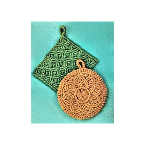 May include: Two crocheted pot holders, one green and square, the other orange and round.