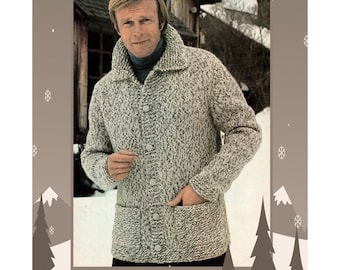 Instant Download PDF Easy Quick Knitting Pattern to make a Mens Chunky Winter Jacket Patch Pockets Bulky Yarn 38 to 48 inch chest