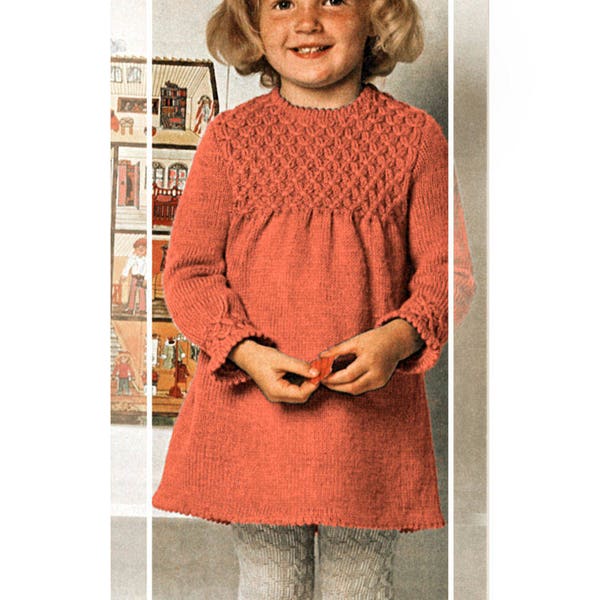 Instant Download PDF Knitting Pattern to make a Smocked Long Sleeve Girls Sweater Dress 8 Ply Yarn 3 Sizes 22 to 26 inch Chest