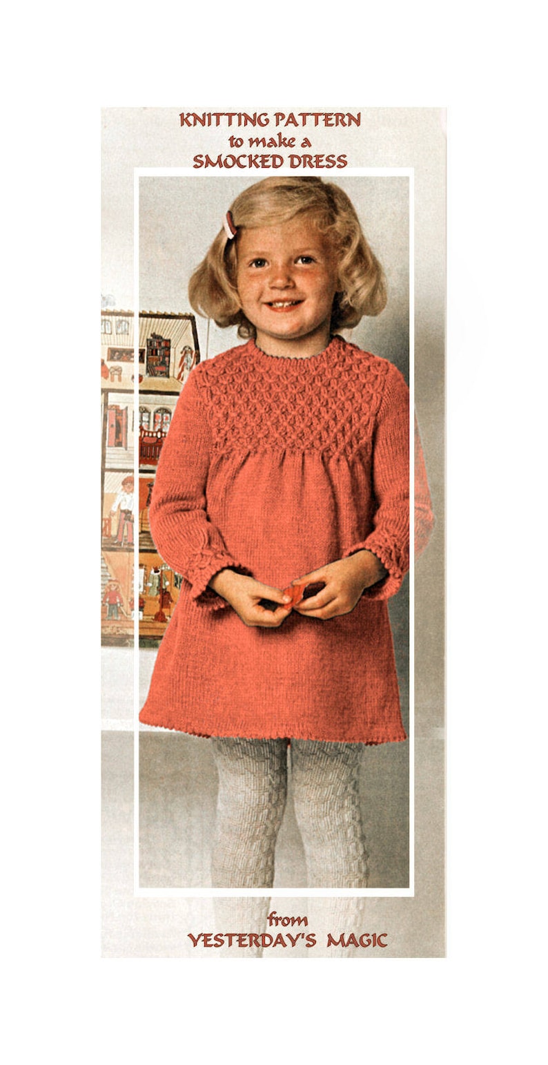 May include: Knitting pattern for a smocked dress, featuring a young girl wearing a coral smocked dress with long sleeves and white tights. The pattern is from Yesterday's Magic.