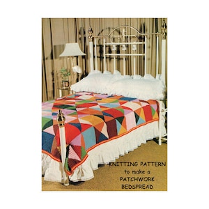 May include: A bed is covered with a patchwork bedspread featuring a geometric design in various colours. The bed has a white headboard and footboard. The bedspread includes red, orange, green, and blue. Text reads "KNITTING PATTERN to make a PATCHWORK BEDSPREAD".