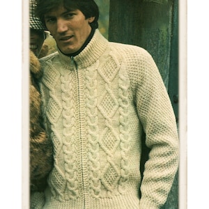 Instant Download PDF Knitting Pattern to make a Mens Zip-up Turtle Neck Aran Jacket 4 Sizes 36 to 42 inch chest