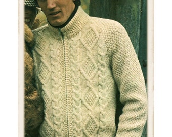 Instant Download PDF Knitting Pattern to make a Mens Zip-up Turtle Neck Aran Jacket 4 Sizes 36 to 42 inch chest