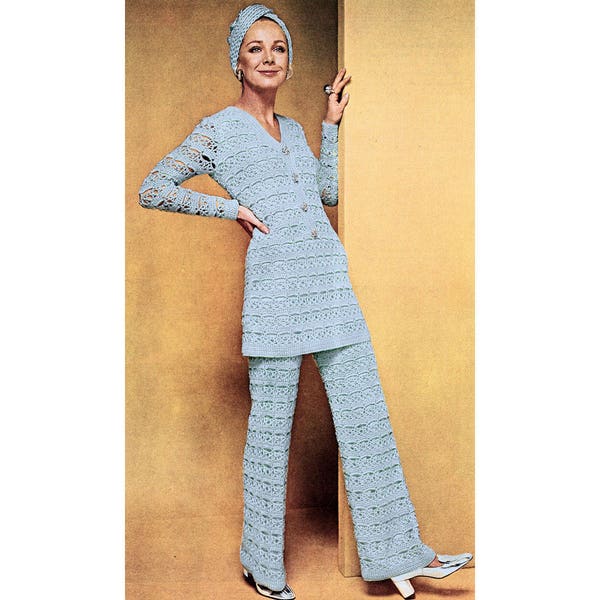 Instant Download PDF Crochet Pattern to make Womens Lace Pants and Tunic Mini Dress Lined Trouser Suit 2 Sizes 30 to 34 inch Bust
