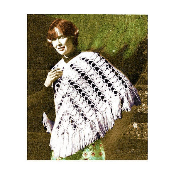 Instant Download PDF Crochet Pattern to make a Fringed Fan Stitch Lacy Shawl Poncho Cape Hippy Boho Festival Wedding Party