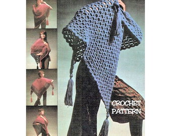 Instant Download PDF Easy Beginners Crochet Pattern to make a Large Triangular Shawl Wrap with Tassles Folk Bohemian Festival 8 Ply Yarn