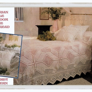 May include: A white crocheted bedspread with a diamond pattern. The bedspread is on a bed with a white pillow and a white nightstand with a drawer. The text "Victorian Style Heirloom Lace Bedspread" is at the top of the image. The text "Crochet Pattern" is at the bottom of the image.