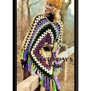 Instant Download PDF Easy Beginners Crochet Pattern to make a Large Granny Square Fringed Womens Poncho Cape One Size Fits All Chunky Yarn