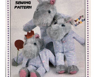 PDF Full Size Sewing Pattern to make a Hippopotamus Family in Pyjamas Dungarees Soft Dressed Cuddly Fabric Toy Instant Download