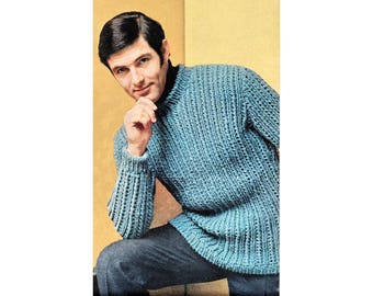 Instant Download PDF Quick Bulky Yarn 8mm Needles Knitting Pattern to make a Mens Chunky Rib Round Neck Sweater 3 Sizes 36 to 46 inch Chest
