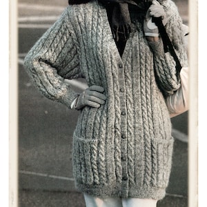 Instant Download PDF KNITTING PATTERN to make a Womens Long Thigh Length Cable Cardigan with Pockets 8 Ply Yarn 3 Sizes 32 to 42 inch bust