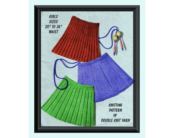 Instant Download PDF KNITTING PATTERN to make a Flared Pleated Effect Girls School Skirt Knee Length 3 Styles 5 Sizes 20 to 28 inch Waist