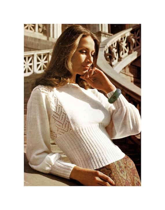 Instant Download PDF Knitting Pattern to make a Ply Yarn Round Neck Puff  Sleeve Womens Evening Sweater sizes 32 to 38 inch bust