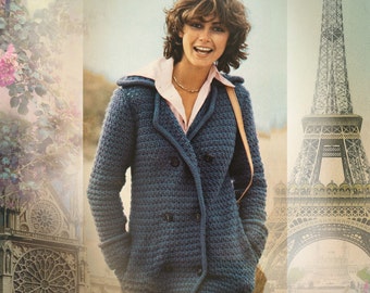 Instant Download PDF Crochet Pattern to make a Double Breasted Blazer Womens Jacket Short Coat Chunky Yarn 3 Sizes 34 to 40 inch Bust
