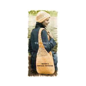 Sofortiger Download PDF Häkelanleitung für eine Womens Roll Back Brim Pull On Beanie Hut & große Schultertasche Shopping Handtasche