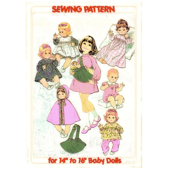 Volle Größe PDF Schnittmuster A4 Printable, um Puppen Kleidung & Träger Sling für 14 bis 16 Zoll Baby Dolls 9 Artikel Kleid Romper Cape Smock zu machen