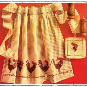 May include: A yellow and white gingham apron with a red rooster design. The apron has a long tie and a ruffled bottom. There is also a matching gingham hot pad with a red rooster design.