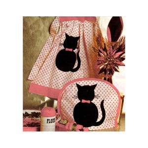 Full Size Printable Sewing Pattern PDF Download Easy Beginners to make a Lucky Black Cat Applique Apron & Tea Cosy Country Kitchen