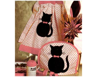 Full Size Printable Sewing Pattern PDF Download Easy Beginners to make a Lucky Black Cat Applique Apron & Tea Cosy Country Kitchen