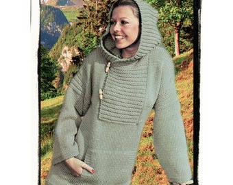 Instant Download PDF KNITTING PATTERN to make a Cowl Hood Loose Fit Womens Jacket Over Sweater Pouch Pocket Chunky Yarn 34 to 38 inch Bust