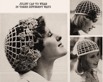 Instant Download PDF Quick Easy Crochet Pattern to make a Mesh Juliet Cap Flower Motif Hat Hippy Summer Wedding Hairnet Hair Wrap