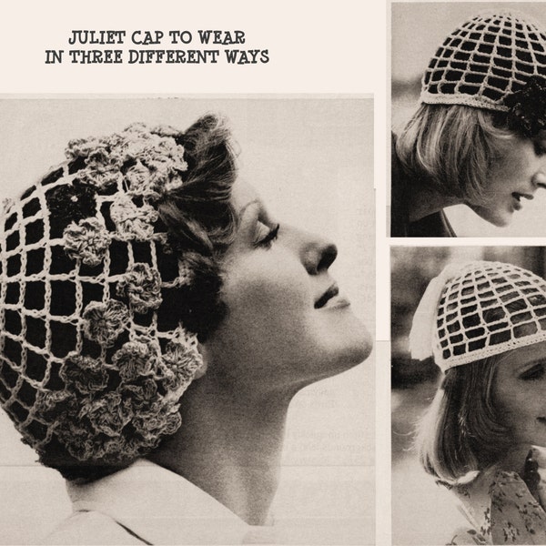 Instant Download PDF Quick Easy Crochet Pattern to make a Mesh Juliet Cap Flower Motif Hat Hippy Summer Wedding Hairnet Hair Wrap