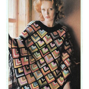 May include: Crochet pattern to make a Harlequin Poncho. The poncho is made with colorful squares and has a black fringe.