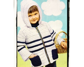 Instant Download PDF Crochet Pattern to make a Childs Boys Girls Zip Up Hooded Coat or Jacket 10 Ply Aran Yarn 2 Sizes 24 to 26 inch chest