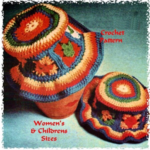 May include: A vintage crochet pattern featuring two hats in Women's & Children's Sizes. The hats have a colorful design with red, orange, blue, and green hues. The text "Crochet Pattern" is visible.