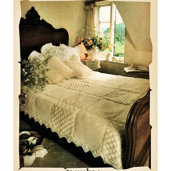 Instant Download PDF Knitting pattern to make an Aran Sampler Quilted Eiderdown Bedspread Bed Cover Blanket Cushion Pillow Country Cottage