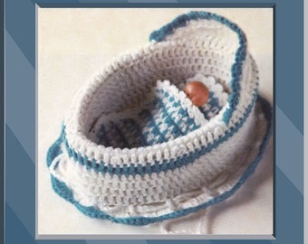 Instant Download PDF Crochet Pattern to make a Small Cradle Cot Crib for a 4 inch Tiny Baby Doll transforms into a Drawcord Dolly Bag Purse