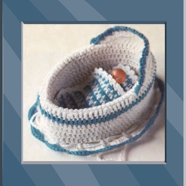 Instant Download PDF Crochet Pattern to make a Small Cradle Cot Crib for a 4 inch Tiny Baby Doll transforms into a Drawcord Dolly Bag Purse