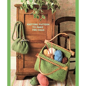 Sofortiger Download PDF Einfache Anfänger Strickmuster, um eine große Handtasche Kleine Kordelzug Schultertasche Dolly Toilettenartikel Make Up Geldbörse zu machen