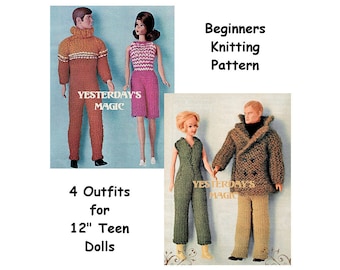 Instant Download PDF Easy KNITTING PATTERN to make Barbie Ken 12 or 11 inch Teenage Doll Mod Sixties Clothes Jacket Playsuit Sweater 5 items