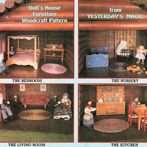 Puede incluir: Un patrón de carpintería para muebles de casa de muñecas, que incluye cuatro habitaciones: un dormitorio con una cama con dosel, una guardería con una cuna y un caballo de balancín, una sala de estar con un sofá y una chimenea, y una cocina con una mesa y sillas.