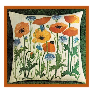 PDF Full Size Sewing and Embroidery Pattern Template and Instructions to make Poppy & Cornflower Wild Flower Meadow Square Cushion Cover