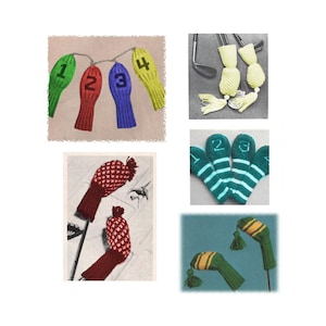 Könnte beinhalten: Ein Set aus fünf gestrickten Golfschläger-Kopfschützern. Die Schützer sind in verschiedenen Farben, darunter Rot, Grün, Blau, Gelb und Weiß. Einige der Schützer haben Zahlen darauf, wie 1, 2, 3 und 4. Die Schützer sind alle im Vintage-Stil.