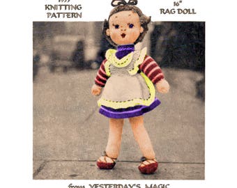 Instant Download PDF Fifties Knitting Pattern to make a Soft Body Little Girl Rag Doll 16 inch Tall with Clothes Dress & Apron 3 Ply Yarn