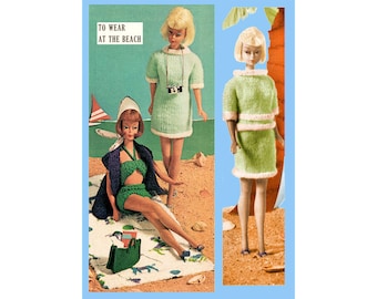 May include: Vintage illustration featuring Barbie dolls in beach attire. One doll is seated on a beach towel, wearing a green swimsuit and a dark blue jacket. Two other dolls are standing, wearing green knit dresses. The text "TO WEAR AT THE BEACH" is visible.