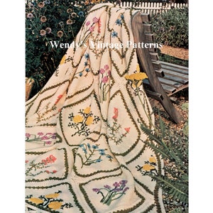 Instant Download PDF Crochet Pattern to make a Herb Garden Embroidered Wild Flower Afghan Blanket Bedspread Rug Cushion Wall Art Panel